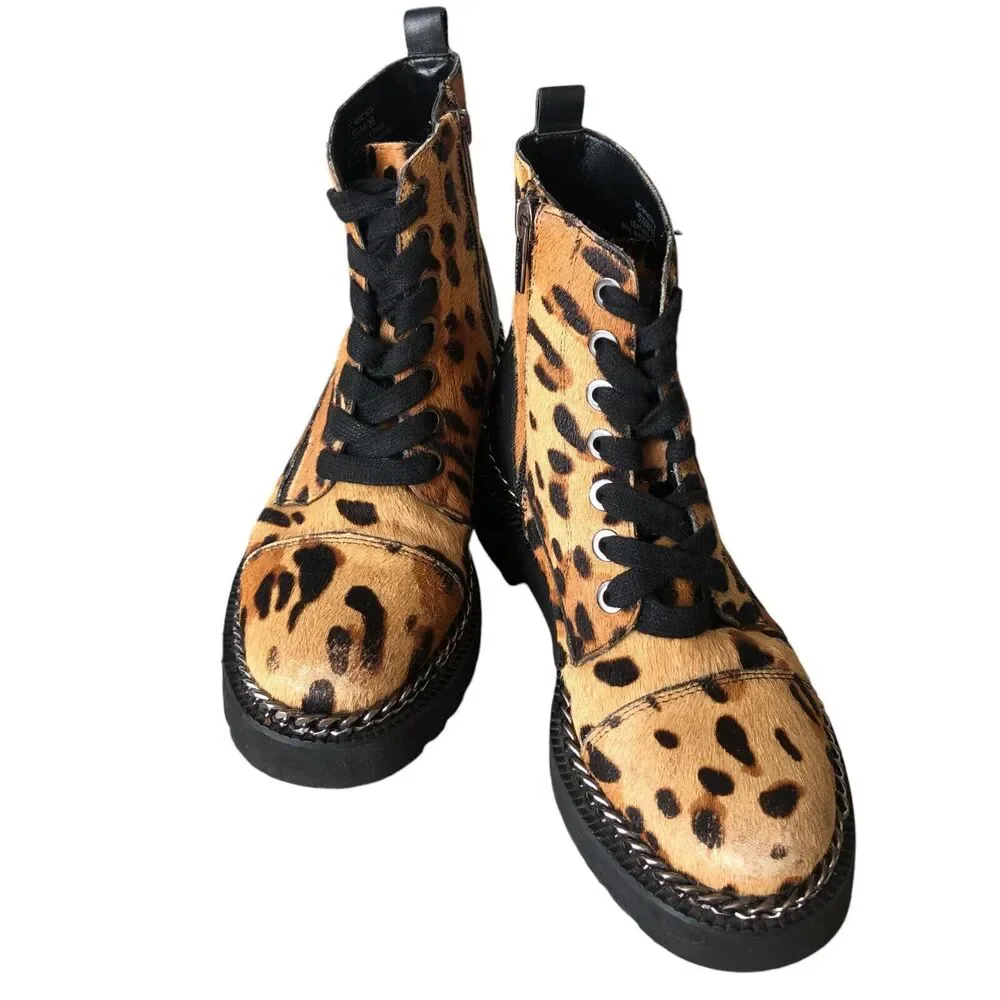 Vince Camuto Mindinta Cowhair and Leather Leopard Print Combat Ankle Boots 5.5‎